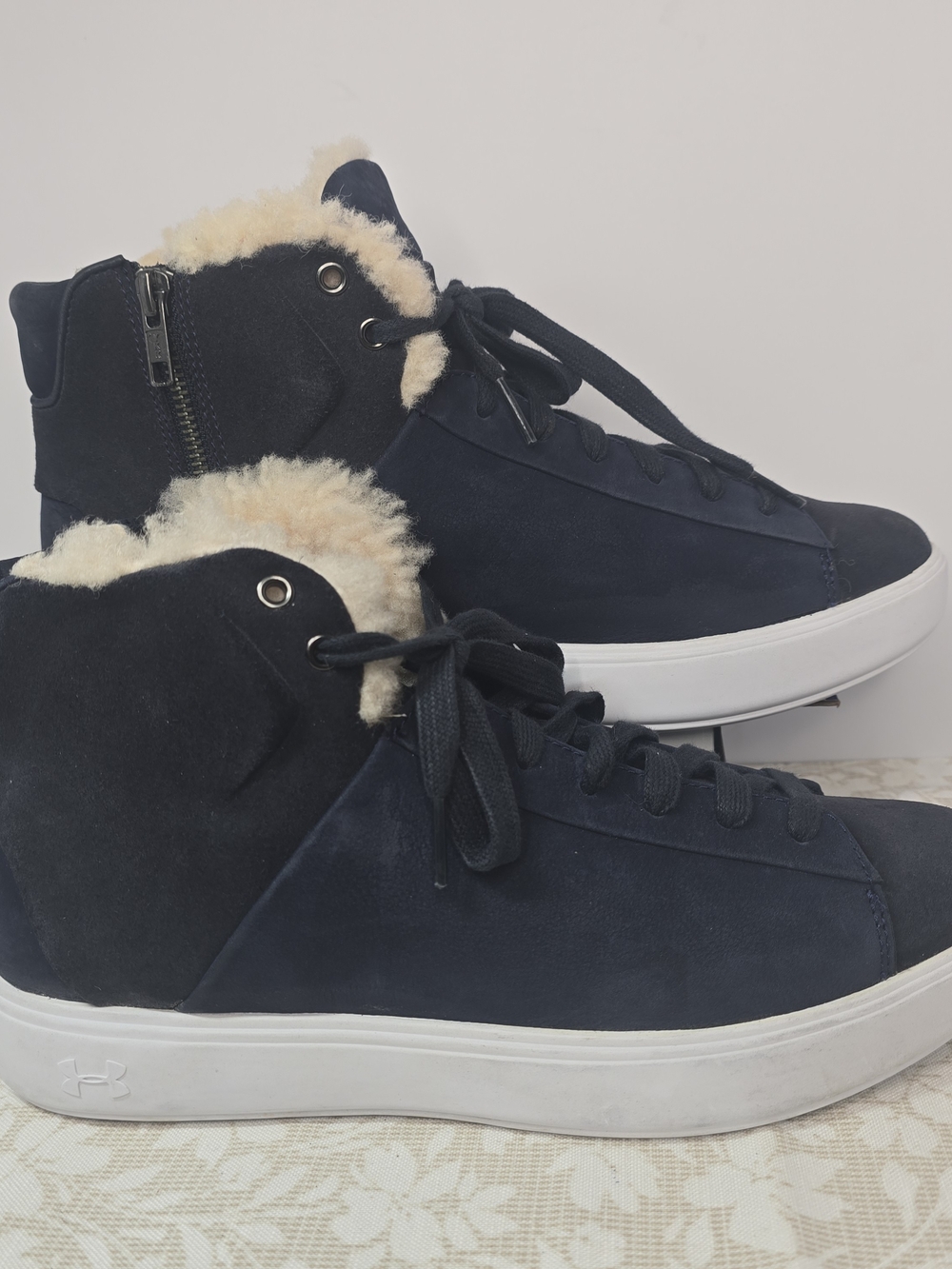 Under Armour Navy Suede High-Top Sneaker with Shearling Trim